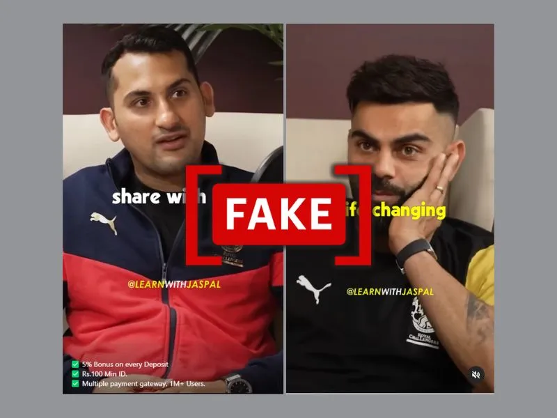 Screenshots of social media posts claiming that Virat Kohli is promoting an online betting platform, with a FAKE tag.